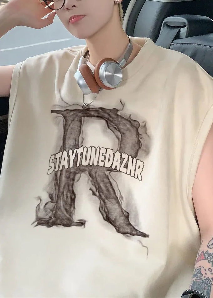 Print Tank Apricot Letter Men Sleeveless Cotton Oversized New FashionChic