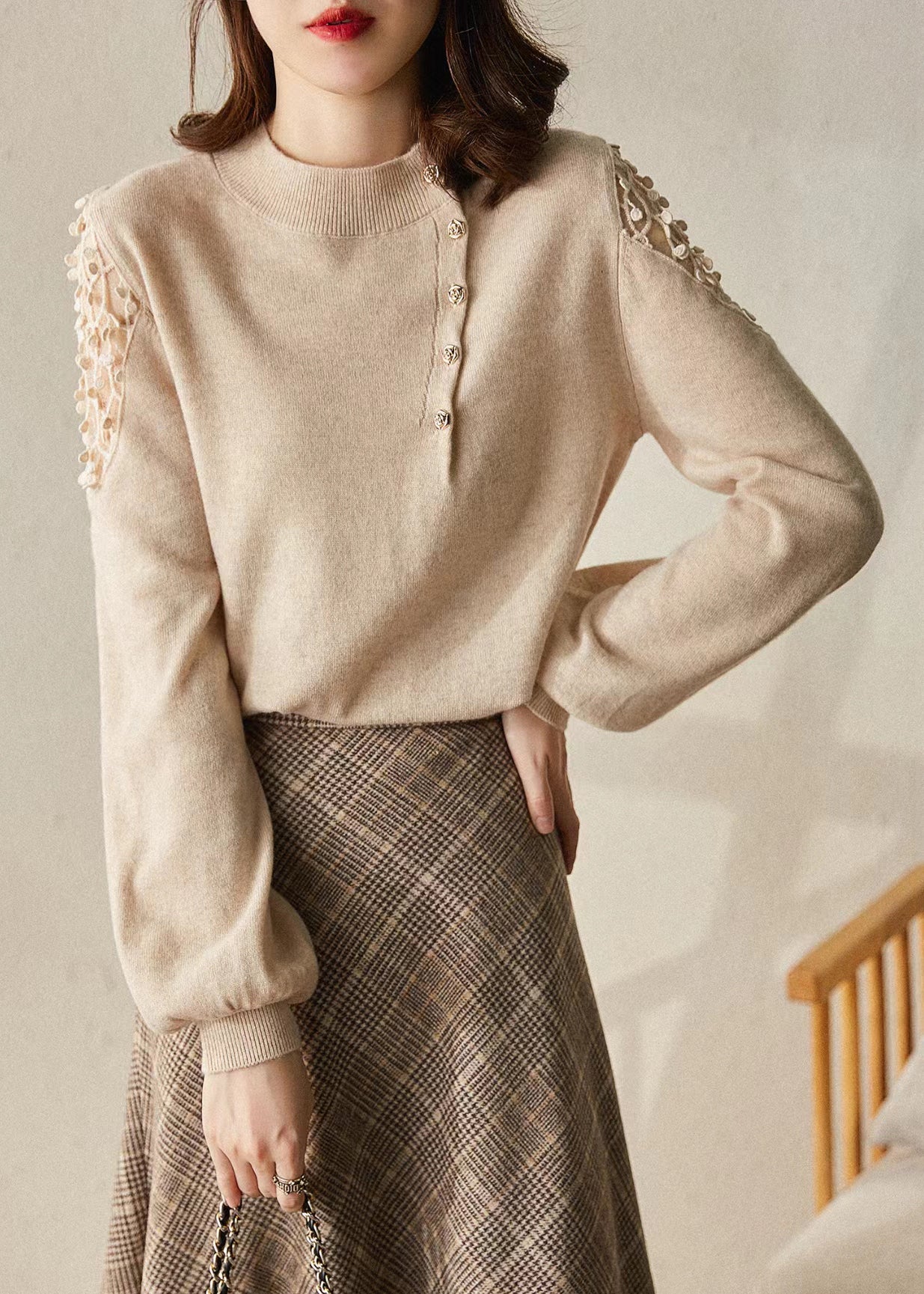 New Apricot O Neck Hollow Out Knit Sweaters Winter WX014 ABC