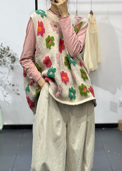 New Apricot O Neck Jacquard Plus Size Cotton Knit Vest Sleeveless OO009 OM-CS240816