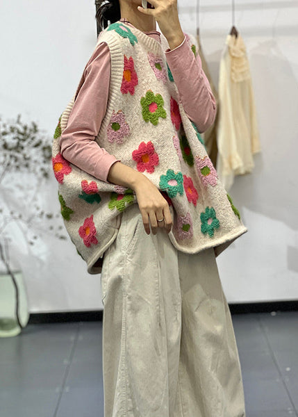 New Apricot O Neck Jacquard Plus Size Cotton Knit Vest Sleeveless OO009 OM-CS240816