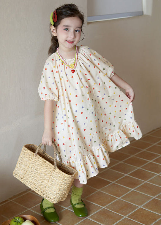 New Apricot O Neck Print Cotton Girls Long Dresses Summer EW040 WS-RCTZSDGL240809