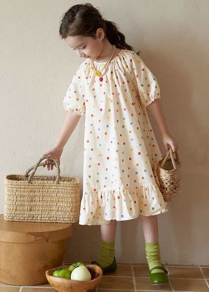 New Apricot O Neck Print Cotton Girls Long Dresses Summer EW040 WS-RCTZSDGL240809