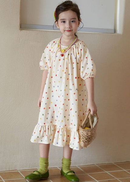 New Apricot O Neck Print Cotton Girls Long Dresses Summer EW040 WS-RCTZSDGL240809