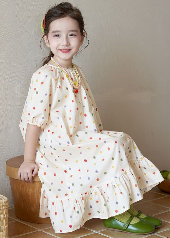 New Apricot O Neck Print Cotton Girls Long Dresses Summer EW040 WS-RCTZSDGL240809
