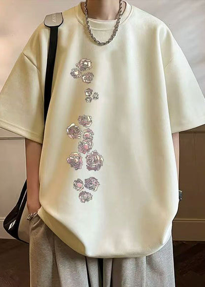 T Apricot Suede Shirt Faux Half Sleeve O Neck Mens Cozy Print New FashionChic