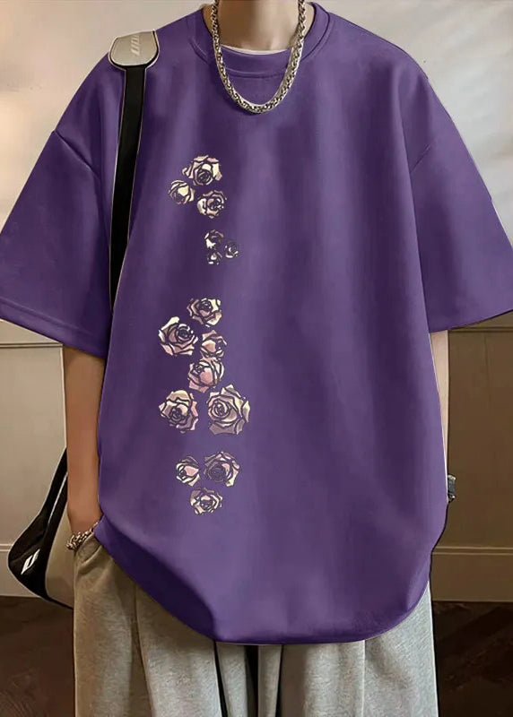 T Apricot Suede Shirt Faux Half Sleeve O Neck Mens Cozy Print New FashionChic