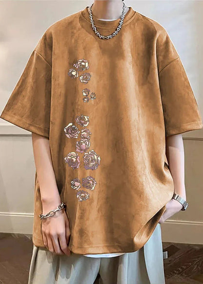 T Apricot Suede Shirt Faux Half Sleeve O Neck Mens Cozy Print New FashionChic