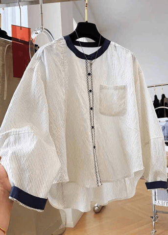 Fall Tops O Cotton Striped Pockets New Blouse Apricot Neck FashionChic