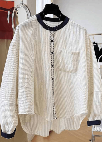 Fall Tops O Cotton Striped Pockets New Blouse Apricot Neck FashionChic