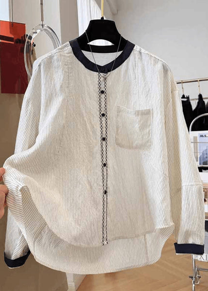 Fall Tops O Cotton Striped Pockets New Blouse Apricot Neck FashionChic