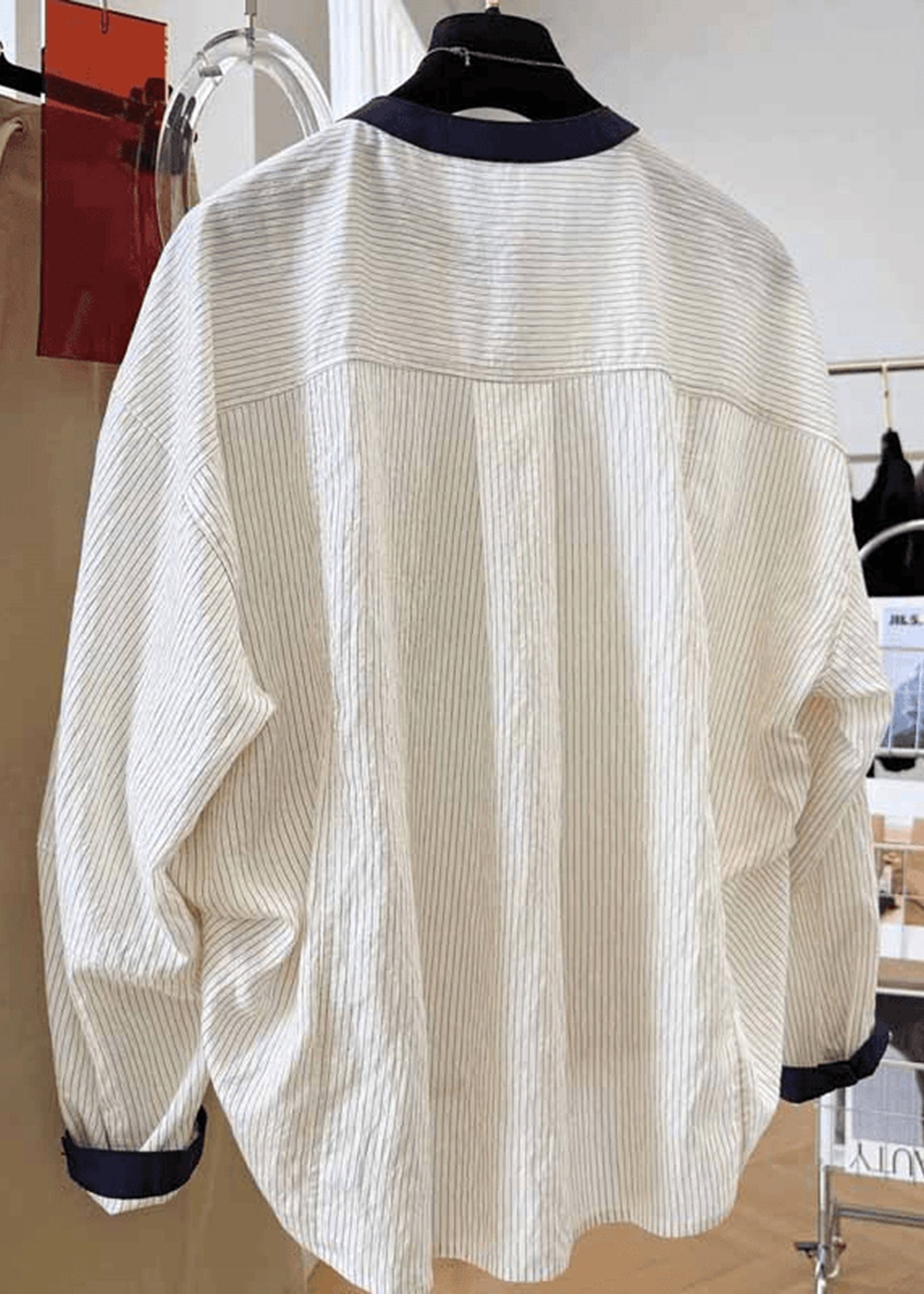 Fall Tops O Cotton Striped Pockets New Blouse Apricot Neck FashionChic