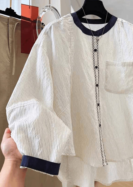 Fall Tops O Cotton Striped Pockets New Blouse Apricot Neck FashionChic