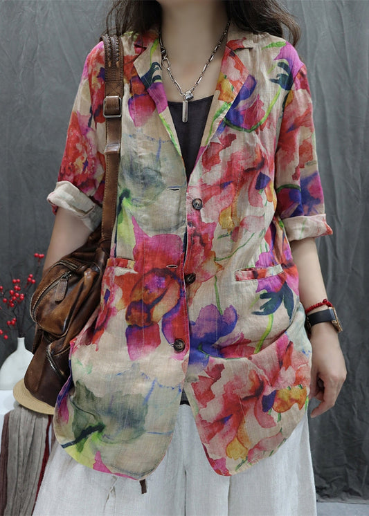 Open Coats Back Cotton Pockets Bracelet Apricot New Sleeve Print FashionChic