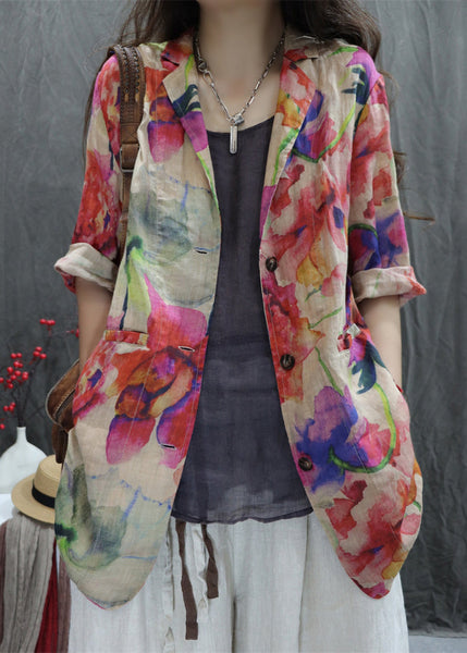 Open Coats Back Cotton Pockets Bracelet Apricot New Sleeve Print FashionChic