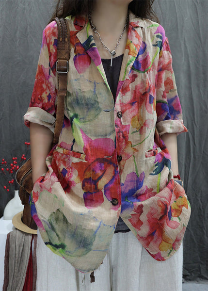 Open Coats Back Cotton Pockets Bracelet Apricot New Sleeve Print FashionChic