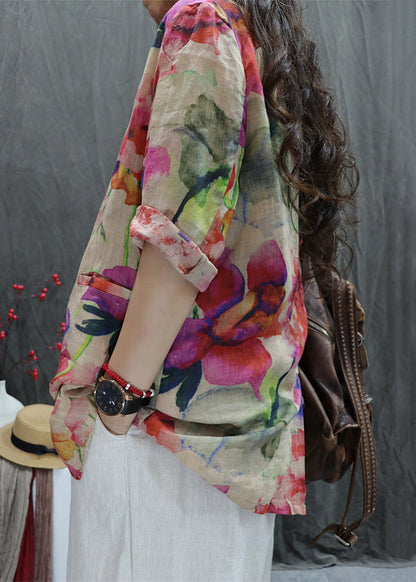 Open Coats Back Cotton Pockets Bracelet Apricot New Sleeve Print FashionChic