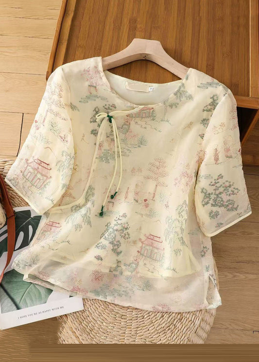 Apricot Tulle Sleeve Half Blouses Open Print New Side FashionChic