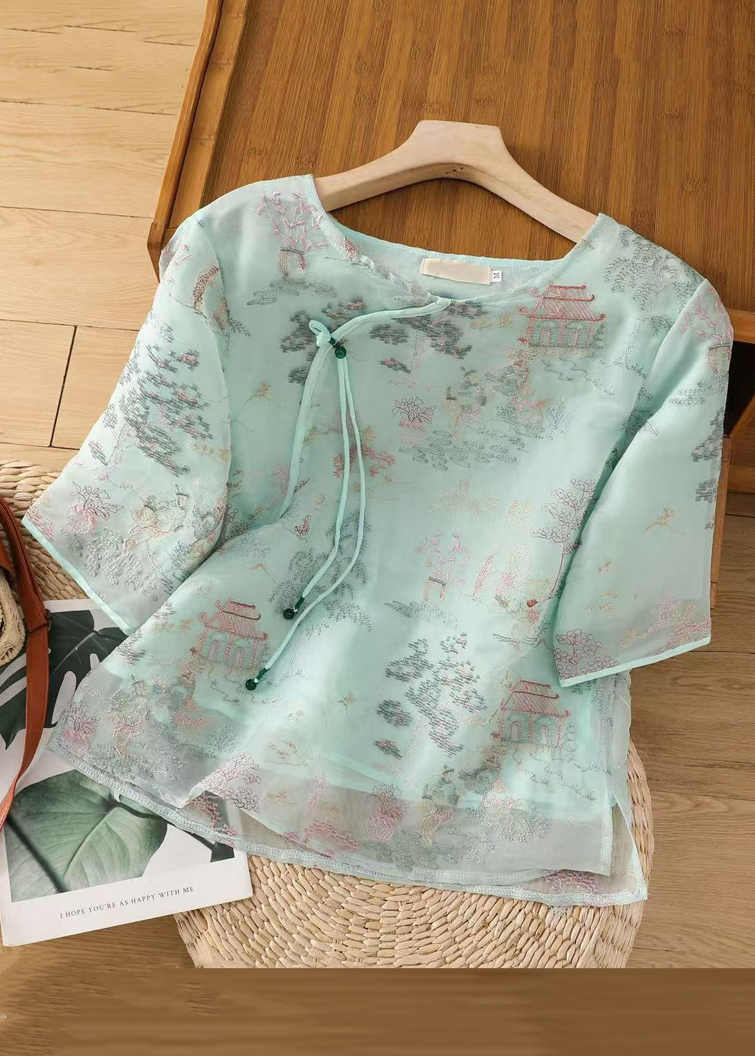Apricot Tulle Sleeve Half Blouses Open Print New Side FashionChic