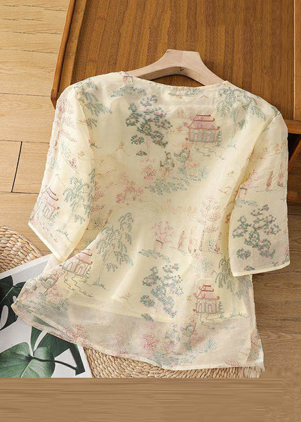 Apricot Tulle Sleeve Half Blouses Open Print New Side FashionChic