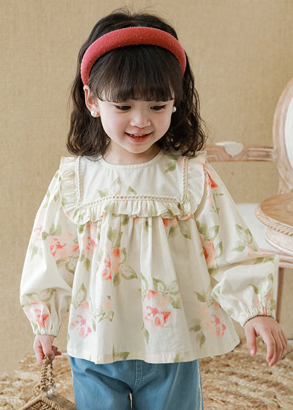 New Apricot Ruffled Print Cotton Girls Top Long Sleeve YU1058 WS-RCTZ-LTP240529