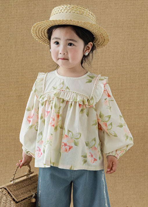 New Apricot Ruffled Print Cotton Girls Top Long Sleeve YU1058 WS-RCTZ-LTP240529