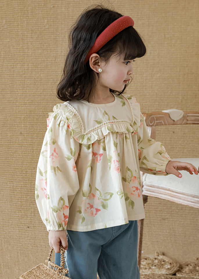 New Apricot Ruffled Print Cotton Girls Top Long Sleeve YU1058 WS-RCTZ-LTP240529