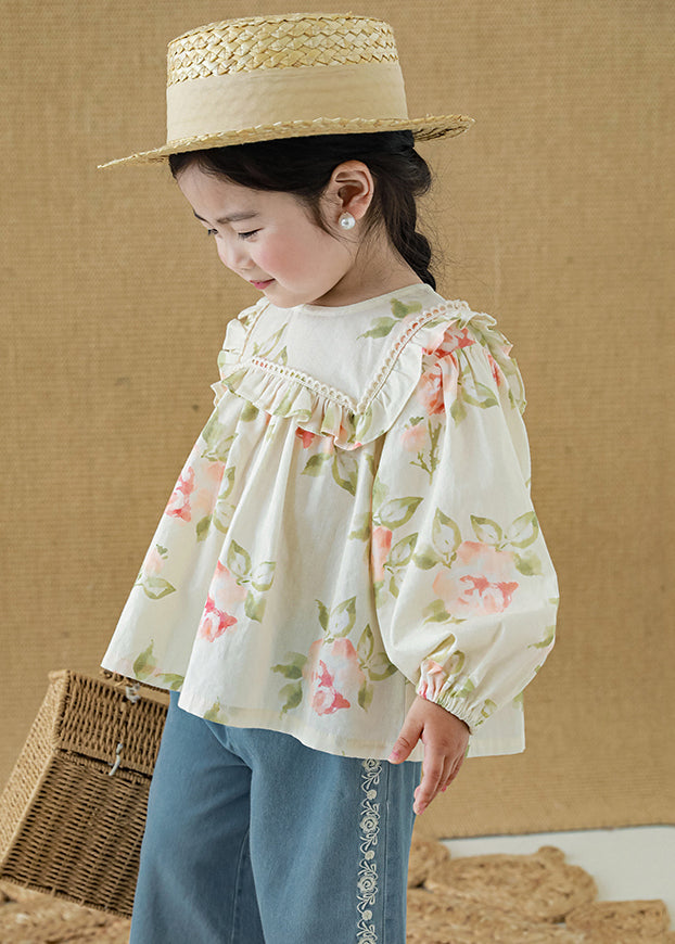 New Apricot Ruffled Print Cotton Girls Top Long Sleeve YU1058 WS-RCTZ-LTP240529