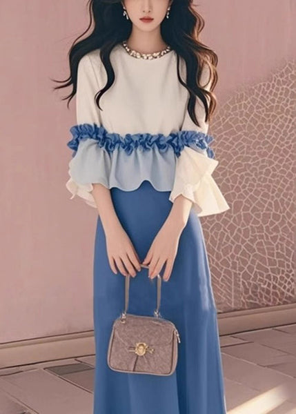 Ruffled New Tops And Skirts Two Apricot Cotton Set Piece Blue FashionChic