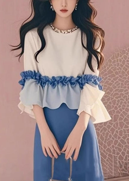 Ruffled New Tops And Skirts Two Apricot Cotton Set Piece Blue FashionChic