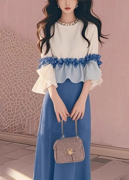 Ruffled New Tops And Skirts Two Apricot Cotton Set Piece Blue FashionChic