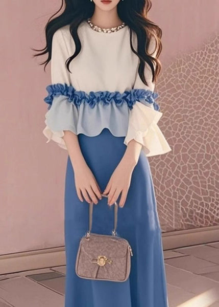 Ruffled New Tops And Skirts Two Apricot Cotton Set Piece Blue FashionChic