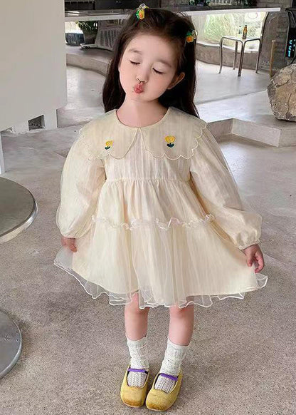 New Apricot Ruffled Tulle Girls Mid Dresses Long Sleeve XZ059 FALL-MM-RCTZ-FDGM240618