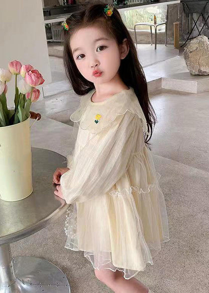 New Apricot Ruffled Tulle Girls Mid Dresses Long Sleeve XZ059 FALL-MM-RCTZ-FDGM240618