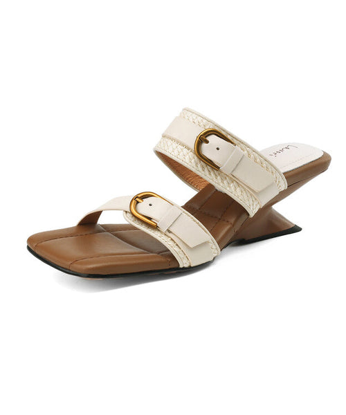 Woven New Wedge Sheepskin Slippers Heel Apricot FashionChic