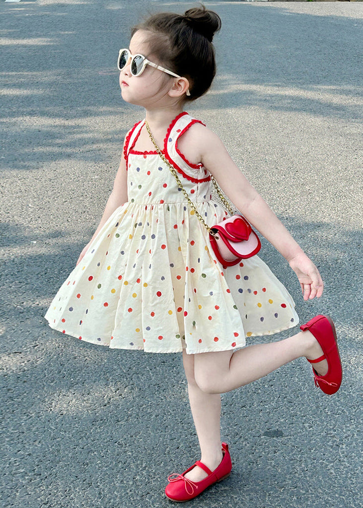 New Apricot Square Collar Dot Cotton Girls Mid Dresses Sleeveless TT022 MM-RCTZSDGM240816