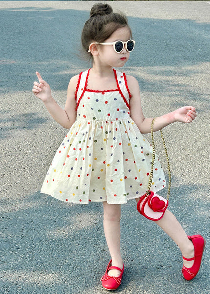 New Apricot Square Collar Dot Cotton Girls Mid Dresses Sleeveless TT022 MM-RCTZSDGM240816