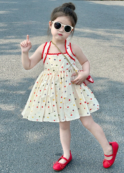New Apricot Square Collar Dot Cotton Girls Mid Dresses Sleeveless TT022 MM-RCTZSDGM240816