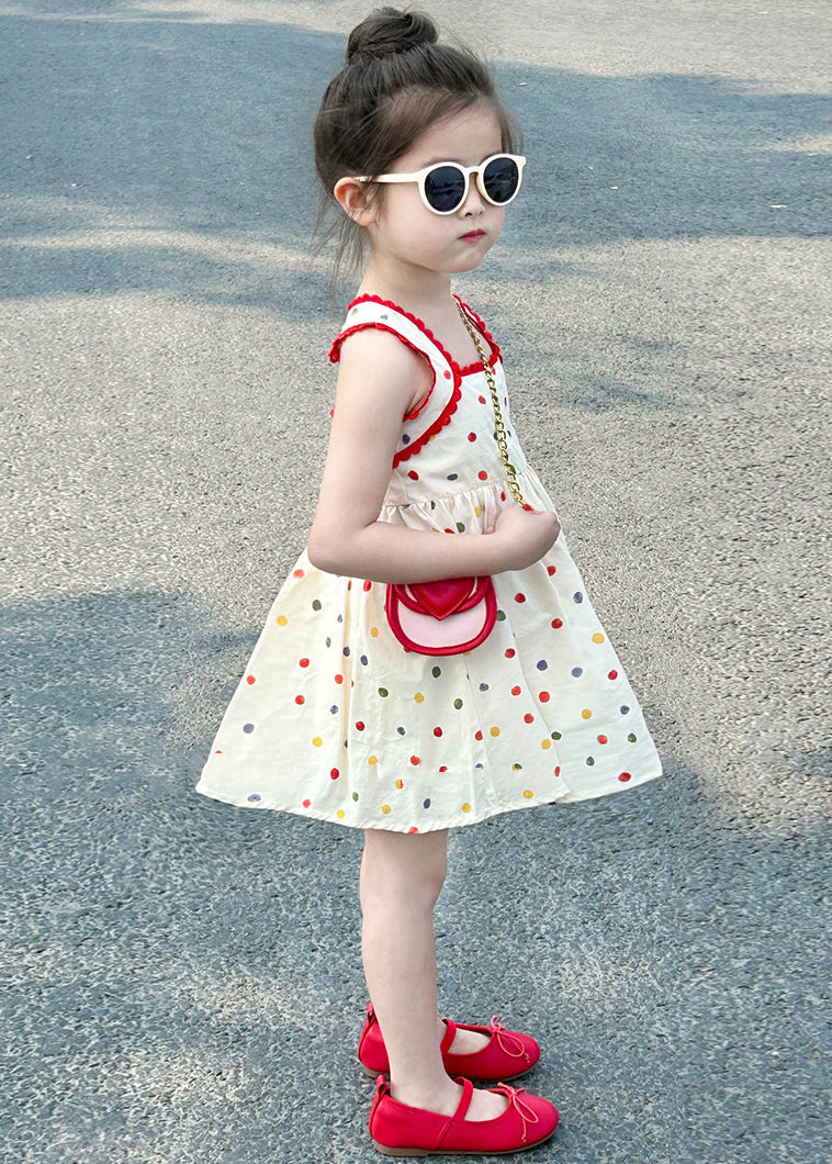 New Apricot Square Collar Dot Cotton Girls Mid Dresses Sleeveless TT022 MM-RCTZSDGM240816