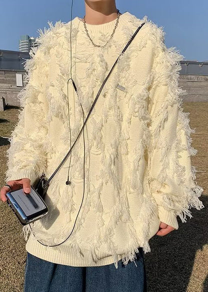 New Apricot Tasseled Solid Knit Men Sweater Fall QH018 MENSW241019