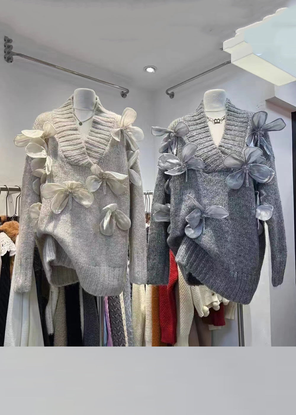 New Apricot V Neck Floral Patchwork Knit Sweaters Winter WK027 OM-SW241119