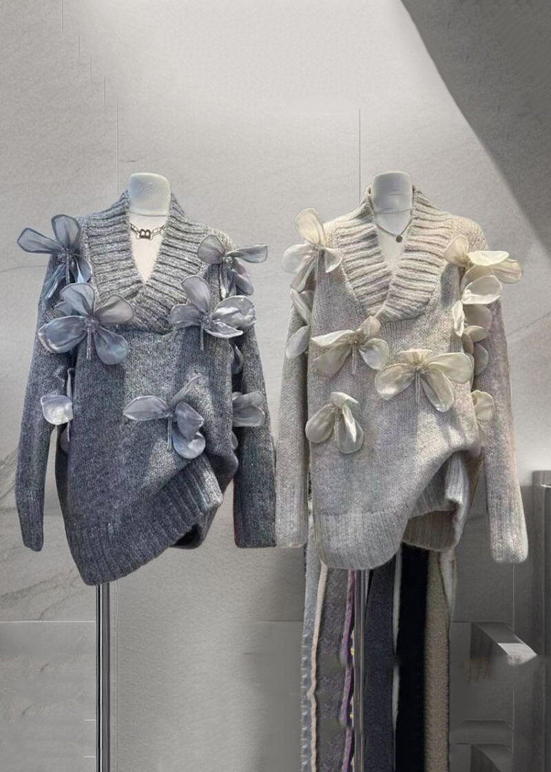 New Apricot V Neck Floral Patchwork Knit Sweaters Winter WK027 OM-SW241119