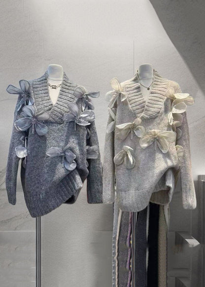 New Apricot V Neck Floral Patchwork Knit Sweaters Winter WK027 OM-SW241119