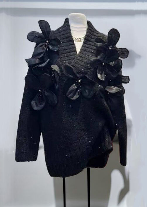 New Apricot V Neck Floral Patchwork Knit Sweaters Winter WK027 OM-SW241119