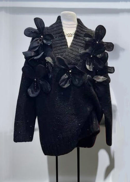 New Apricot V Neck Floral Patchwork Knit Sweaters Winter WK027 OM-SW241119