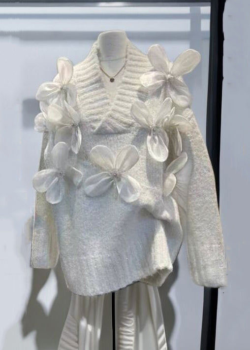 New Apricot V Neck Floral Patchwork Knit Sweaters Winter WK027 OM-SW241119