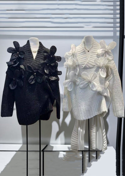 New Apricot V Neck Floral Patchwork Knit Sweaters Winter WK027 OM-SW241119