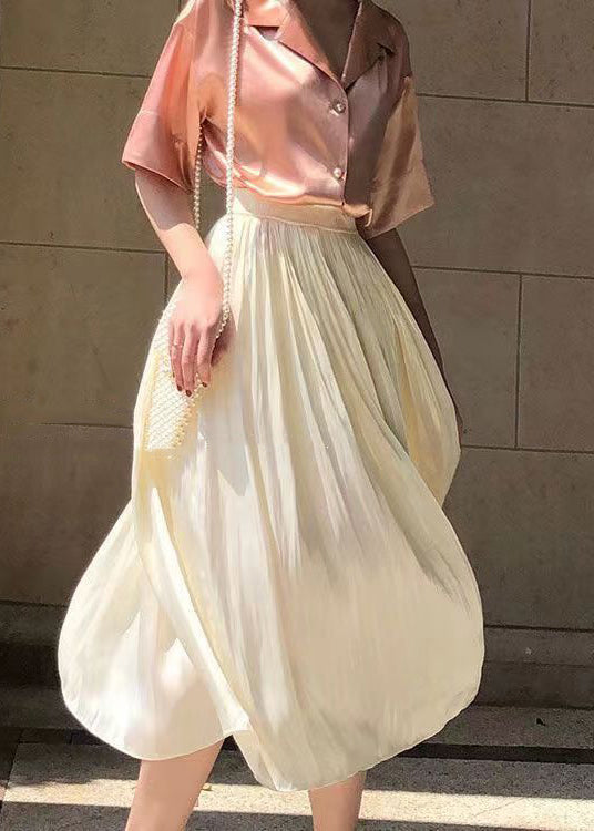 New Apricot Wrinkled Elastic Waist Silk Skirt Summer TU023