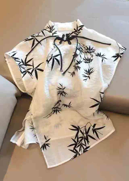 New Beige Chinese Button Print Cotton Tops Summer JH032 MMDM-STP240717