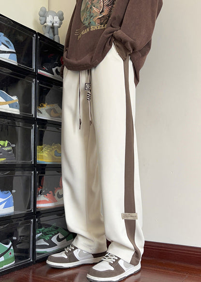 New Beige Elastic Waist Patchwork Warm Fleece Men Pants Winter WA055 MENP241110
