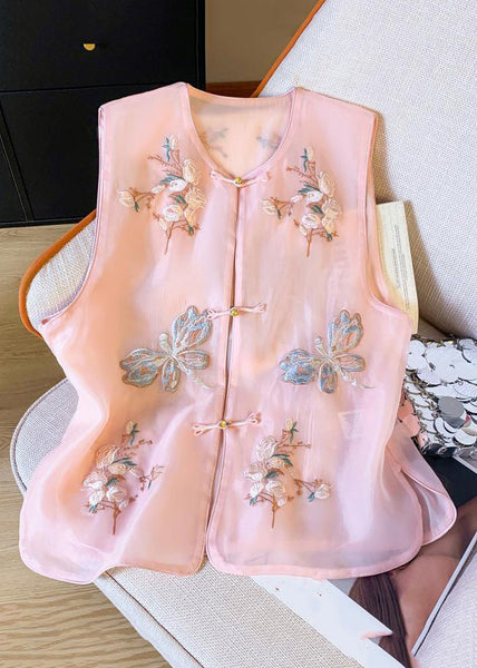 New Beige Embroidered Button Tulle Waistcoat Sleeveless GG043 MZF-VTP240610